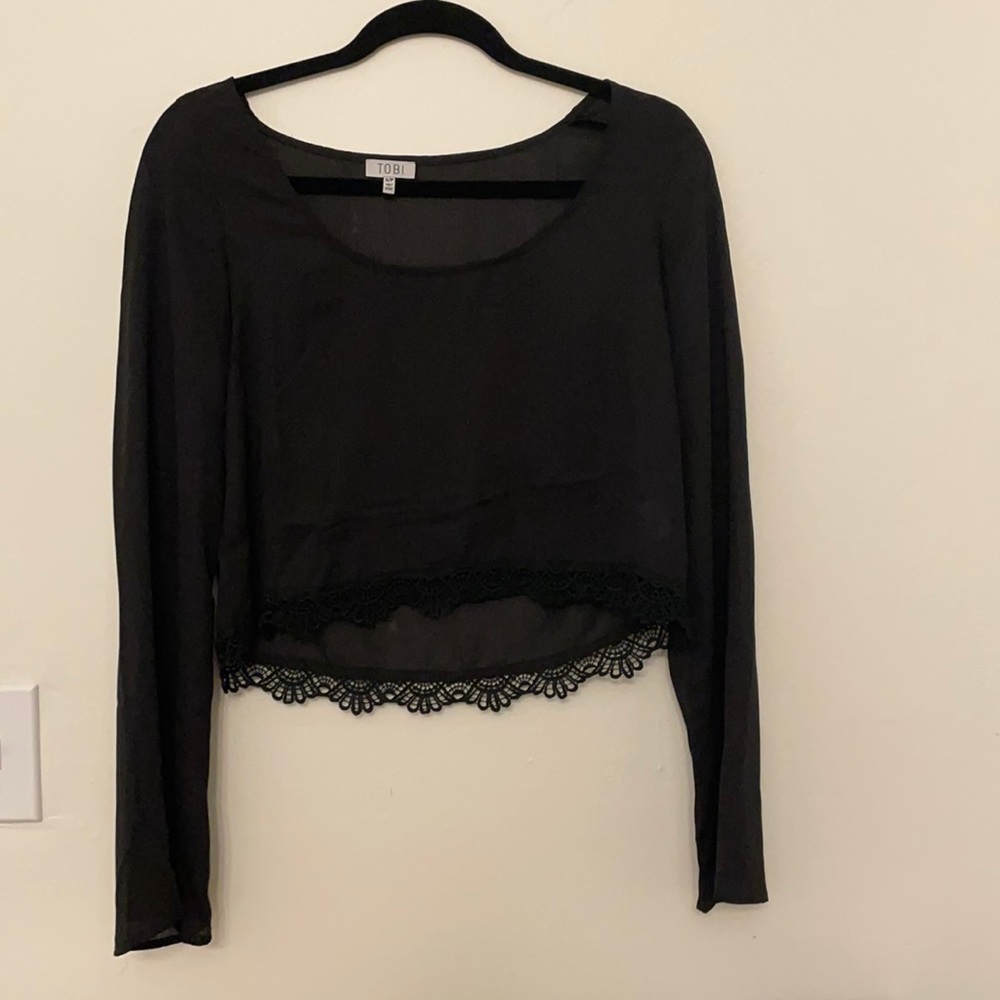 Tobi black sheer crop top with bell sleeves and lace trim